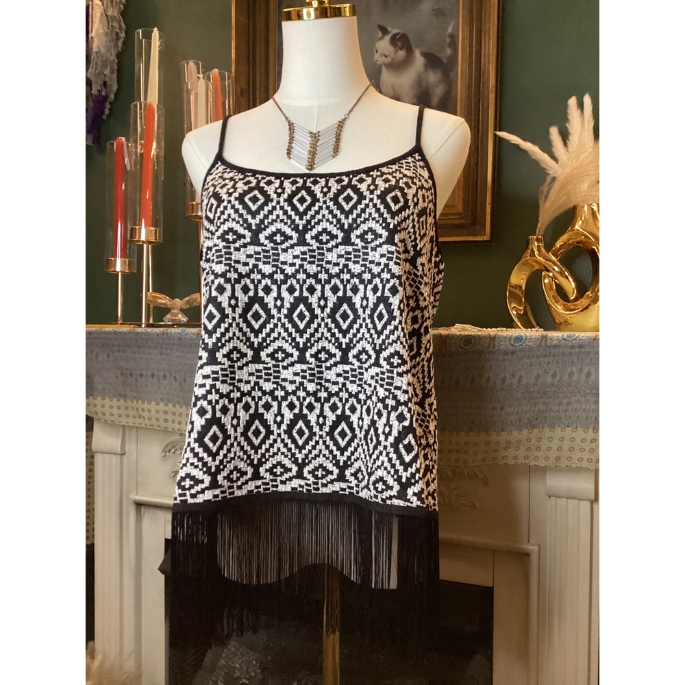 Freeway Womens Black White Geometric Fringe Camisole Top Large 40325